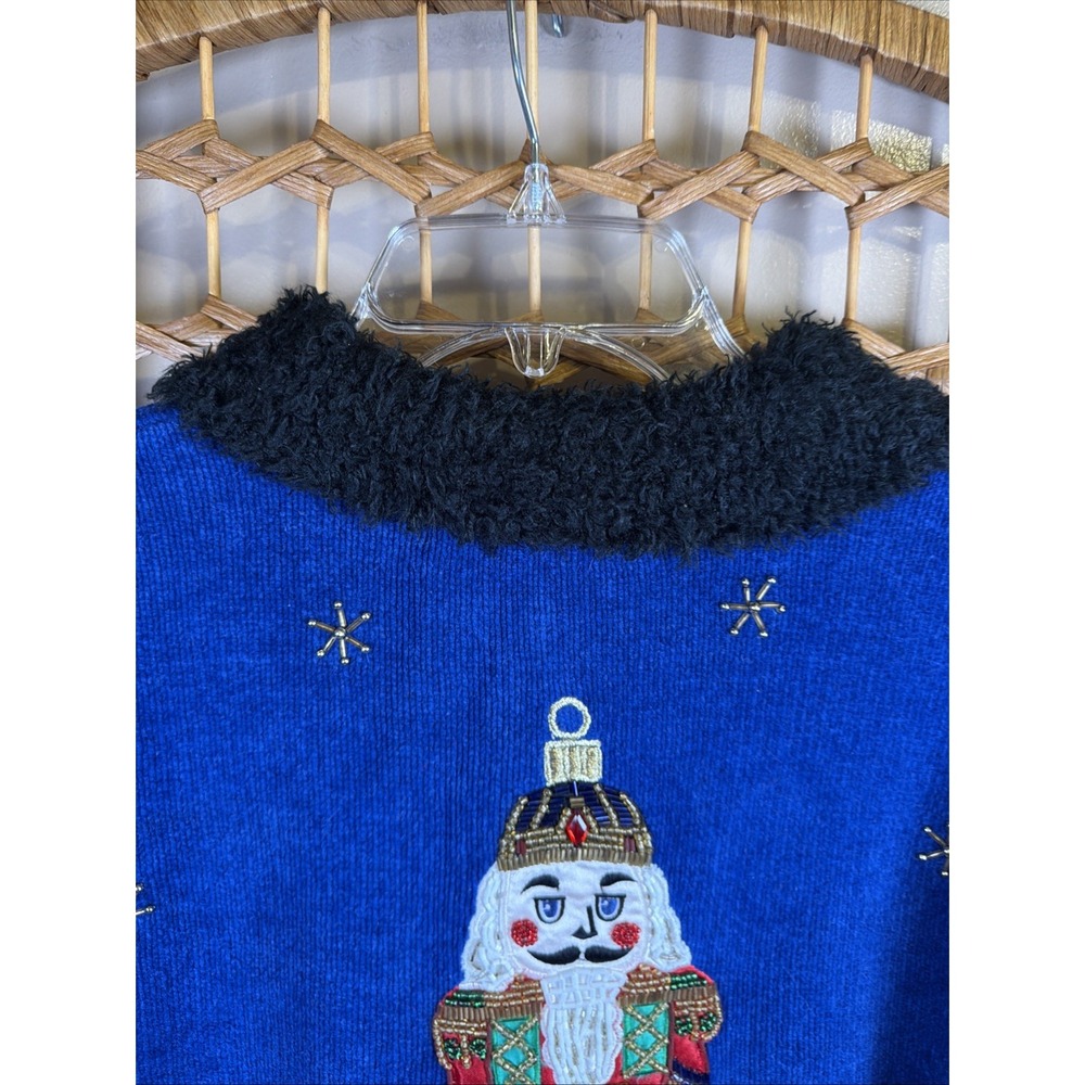 VTG Christopher Radko Christmas Zip Up Cardigan XL Beaded Nutcracker Blue - Picture 14 of 14